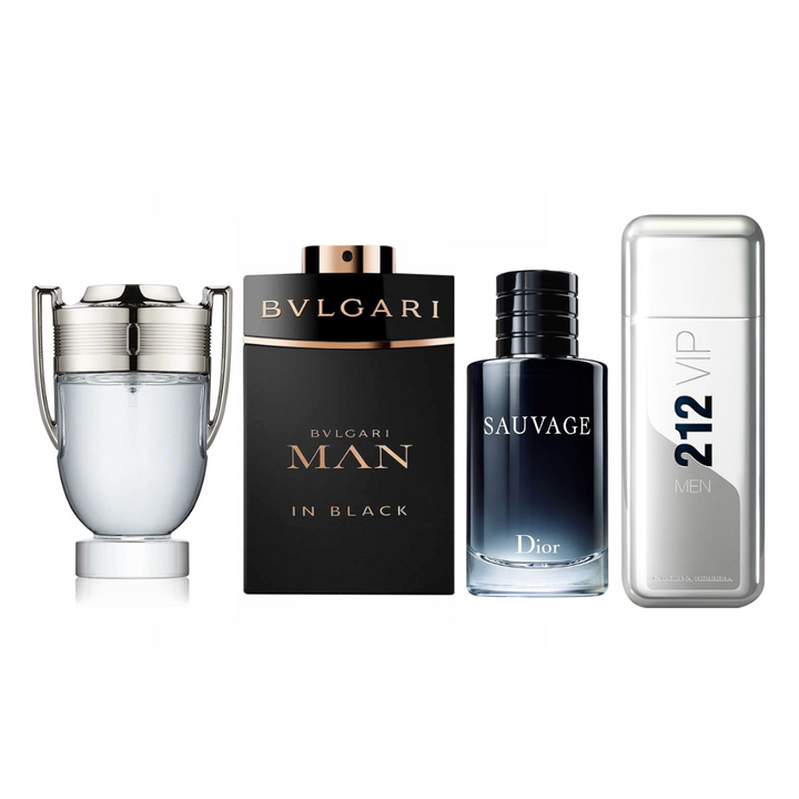 PROMO COMBO 4 PERFUMES (HOMBRE-INVICTUS, BVLGARY MAN IN BLACK, SAUVAGE, 212 VIP)